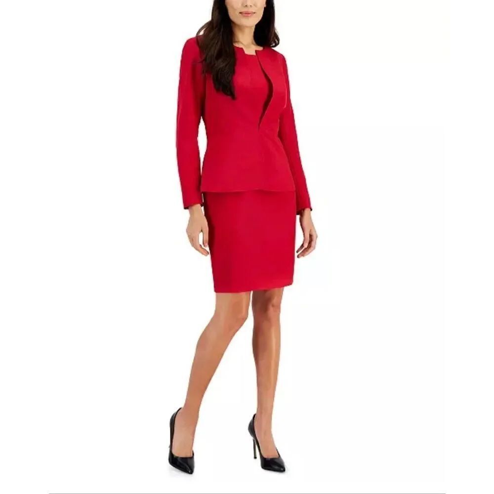Le Suit 2Pc Peplum Crepe Jacket and Sheath Dress Suit Cherry Red 2 Petite